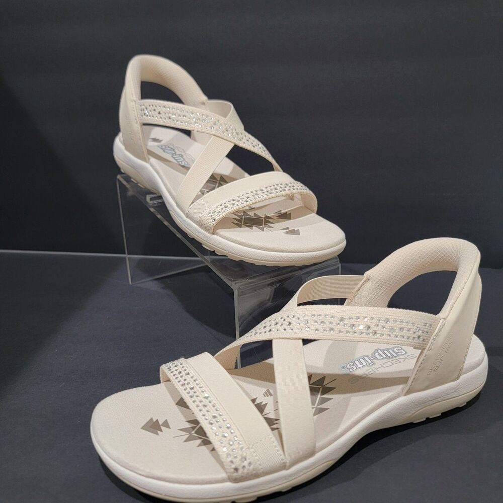 Skechers Reggae Slim Summer Sparkle Sandals Women's Size 10 Slip-Ins Natural Tan
